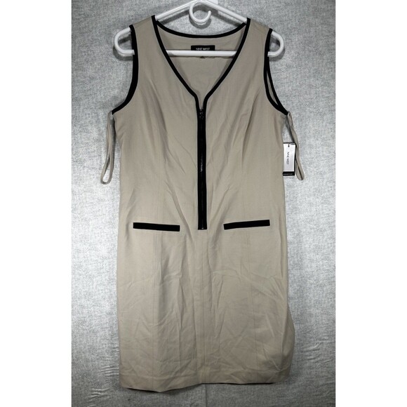 NWT NINE WEST Sleeveless Beige Dress Trimmed in Black Zipper Front Women Size 6 - Picture 1 of 7